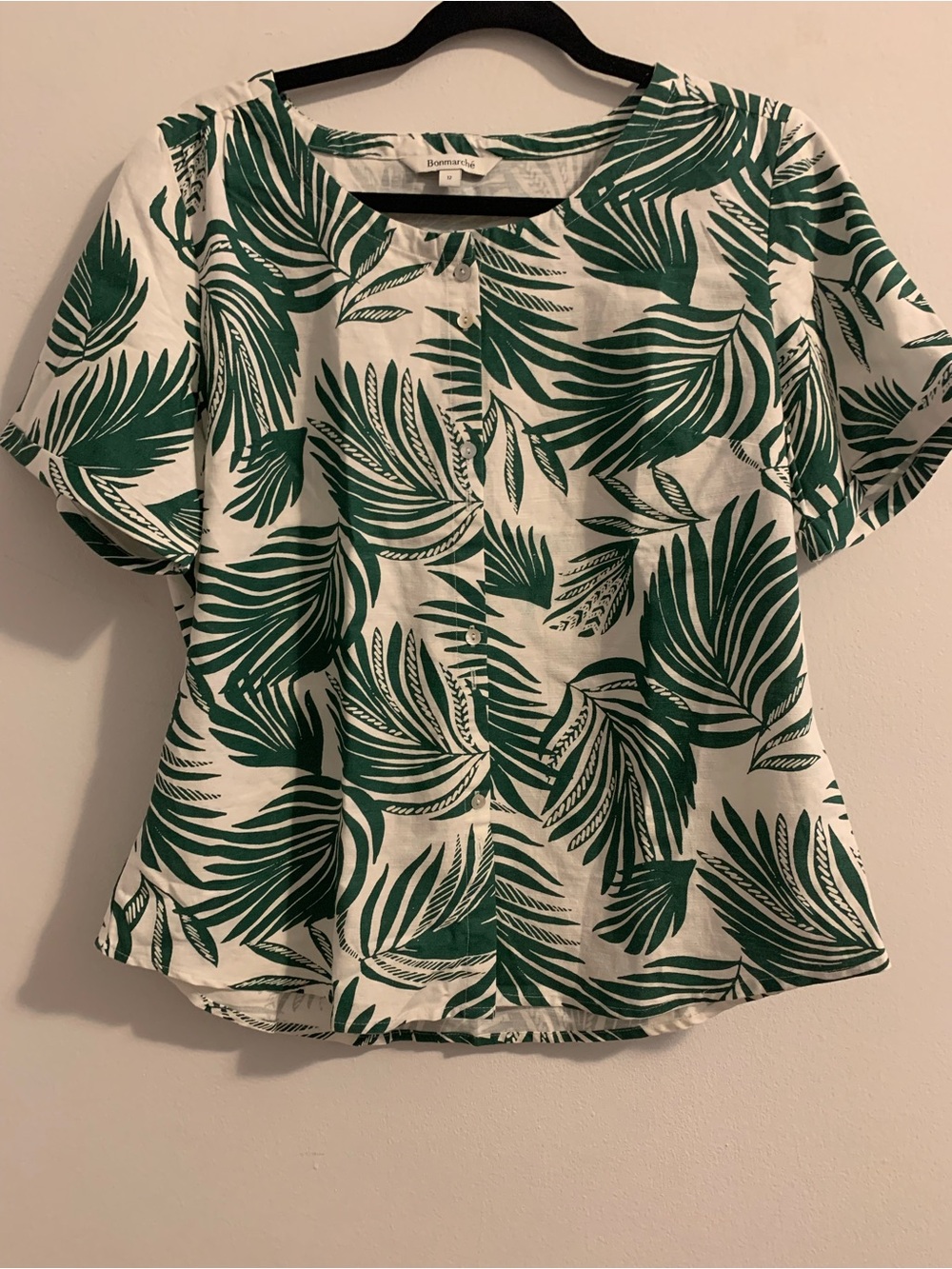 Green Palm-Print Button Front Blouse by Bonmarché